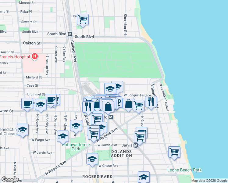 map of restaurants, bars, coffee shops, grocery stores, and more near 1997 West Jonquil Terrace in Chicago