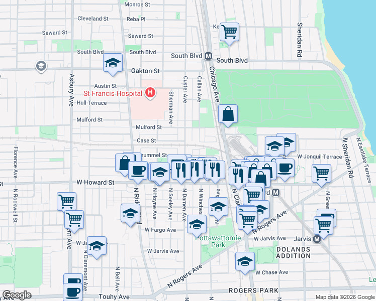 map of restaurants, bars, coffee shops, grocery stores, and more near 205 Custer Avenue in Evanston