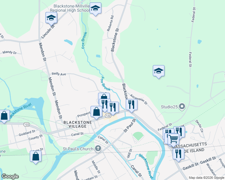 map of restaurants, bars, coffee shops, grocery stores, and more near 8 Reilly Avenue in Blackstone