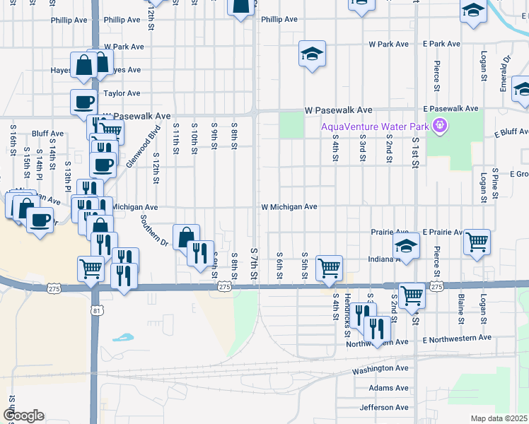 map of restaurants, bars, coffee shops, grocery stores, and more near 607 West Michigan Avenue in Norfolk