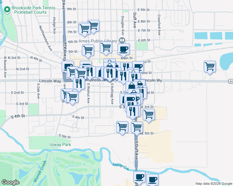 map of restaurants, bars, coffee shops, grocery stores, and more near 216 South Kellogg Avenue in Ames