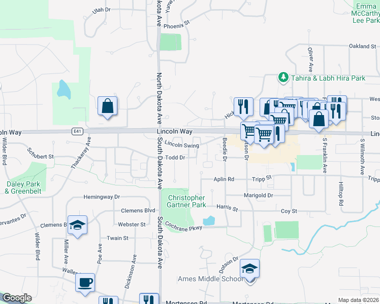 map of restaurants, bars, coffee shops, grocery stores, and more near 4282 Lincoln Swing Street in Ames