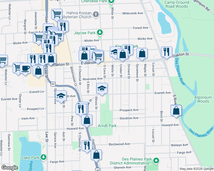 map of restaurants, bars, coffee shops, grocery stores, and more near 1786 White Street in Des Plaines