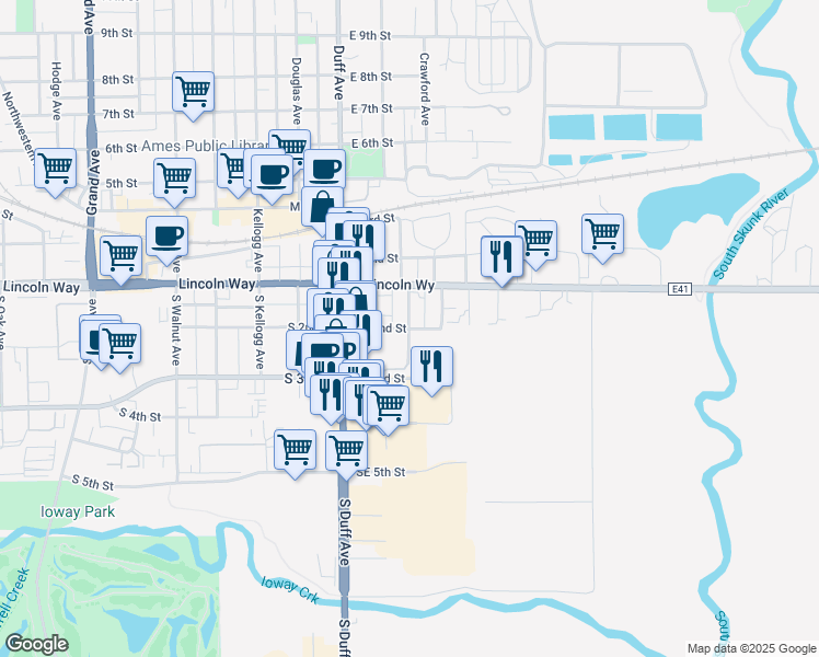 map of restaurants, bars, coffee shops, grocery stores, and more near 216 Southeast 2nd Street in Ames