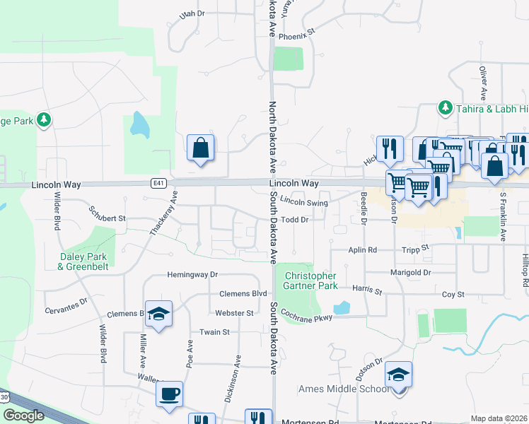 map of restaurants, bars, coffee shops, grocery stores, and more near 4510 Todd Drive in Ames