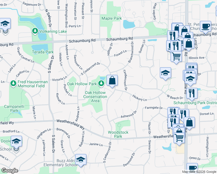 map of restaurants, bars, coffee shops, grocery stores, and more near 428 Spruce Drive in Schaumburg