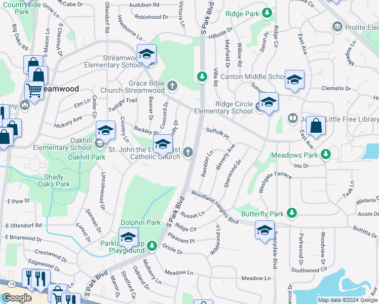 map of restaurants, bars, coffee shops, grocery stores, and more near 500 Parkside Circle in Streamwood