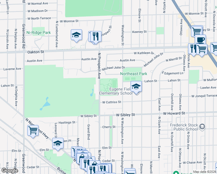 map of restaurants, bars, coffee shops, grocery stores, and more near 733 North Prospect Avenue in Park Ridge