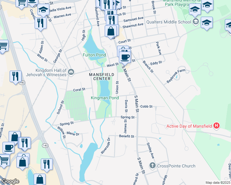 map of restaurants, bars, coffee shops, grocery stores, and more near 5 Horace Street in Mansfield