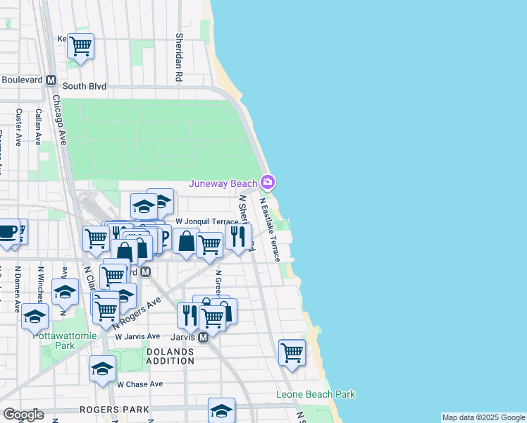 map of restaurants, bars, coffee shops, grocery stores, and more near 7657 North Sheridan Road in Chicago