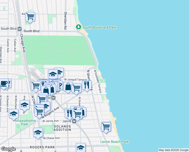 map of restaurants, bars, coffee shops, grocery stores, and more near 7657 North Sheridan Road in Chicago
