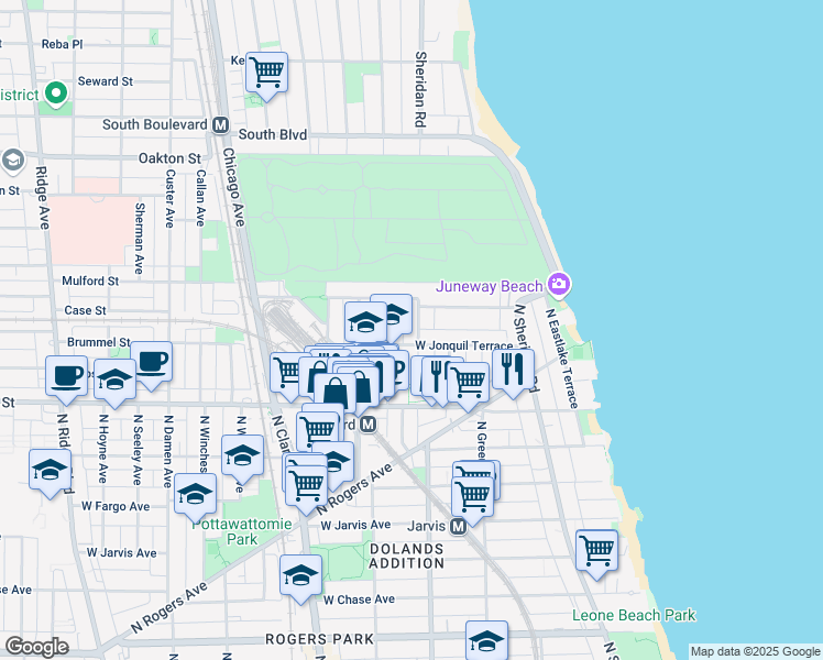 map of restaurants, bars, coffee shops, grocery stores, and more near 7655 North Ashland Avenue in Chicago