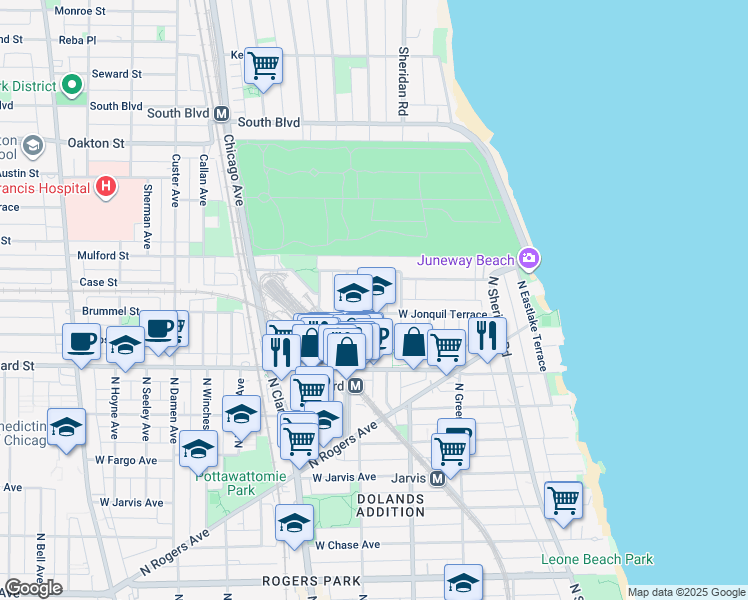 map of restaurants, bars, coffee shops, grocery stores, and more near 1997 West Jonquil Terrace in Chicago