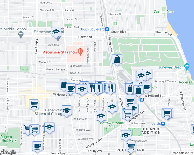 map of restaurants, bars, coffee shops, grocery stores, and more near 148 Callan Avenue in Evanston