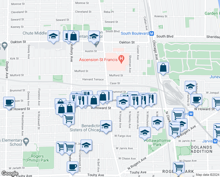 map of restaurants, bars, coffee shops, grocery stores, and more near 824 Brummel Street in Evanston
