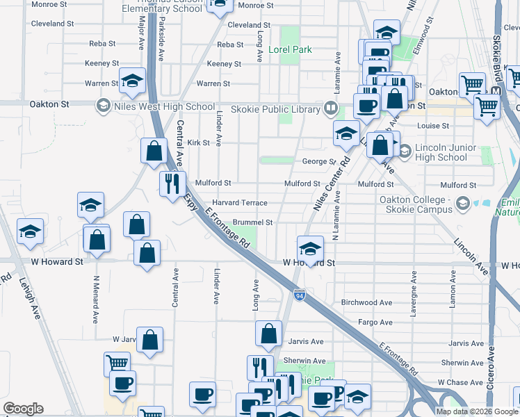 map of restaurants, bars, coffee shops, grocery stores, and more near 5356 Brummel Street in Skokie