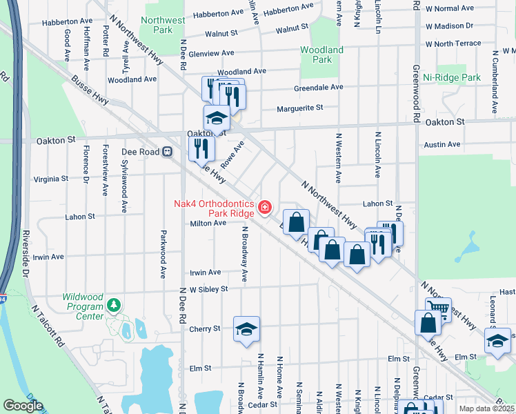 map of restaurants, bars, coffee shops, grocery stores, and more near 776 Busse Highway in Park Ridge