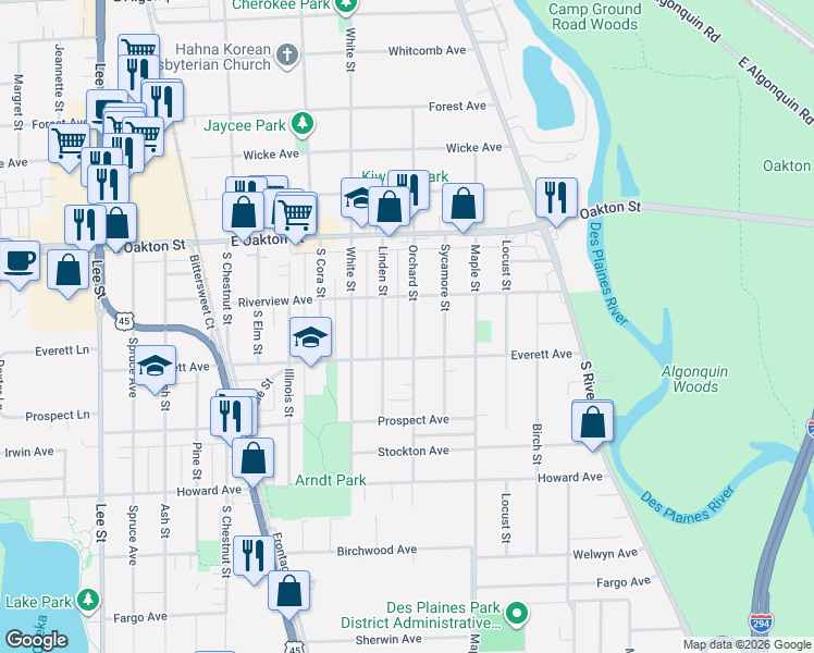 map of restaurants, bars, coffee shops, grocery stores, and more near 1782 Orchard Street in Des Plaines
