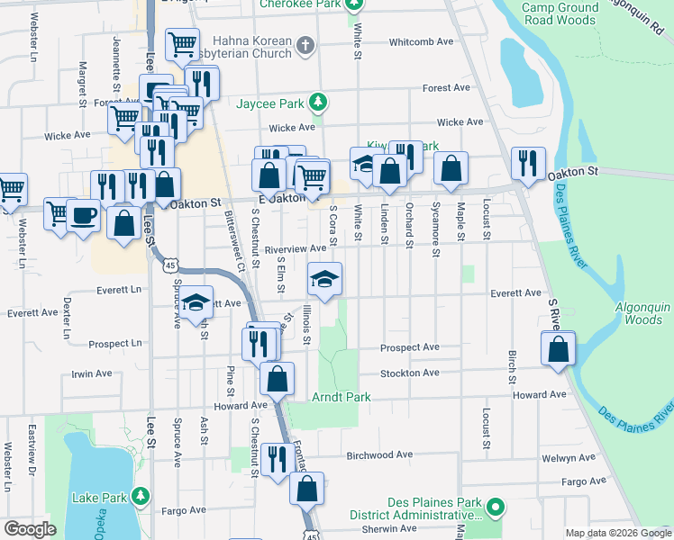 map of restaurants, bars, coffee shops, grocery stores, and more near 1786 White Street in Des Plaines