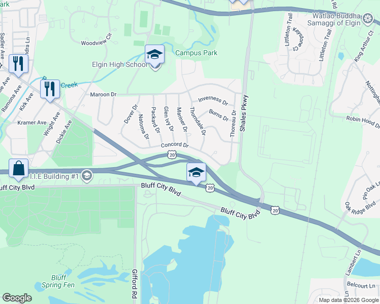 map of restaurants, bars, coffee shops, grocery stores, and more near 1295 Concord Drive in Elgin