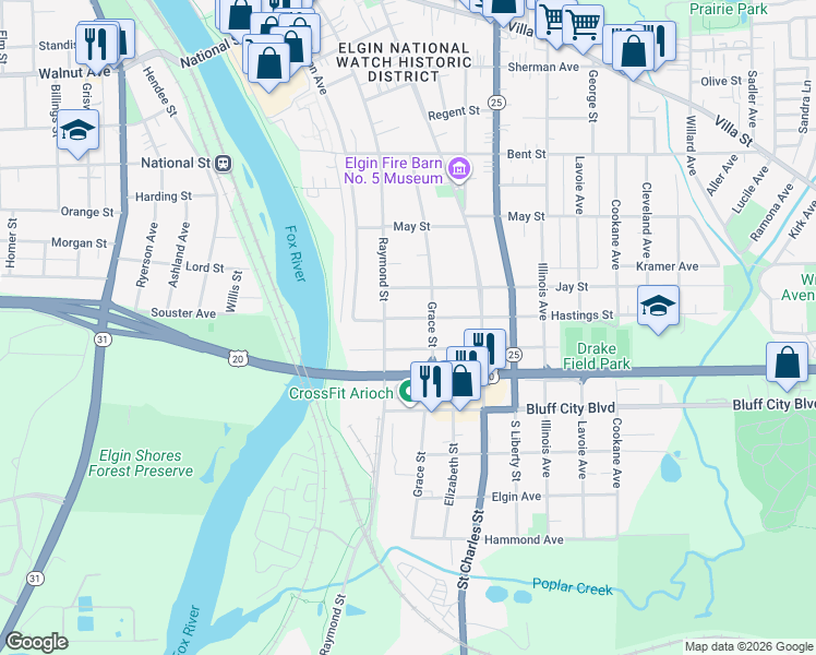 map of restaurants, bars, coffee shops, grocery stores, and more near 721 Raymond Street in Elgin