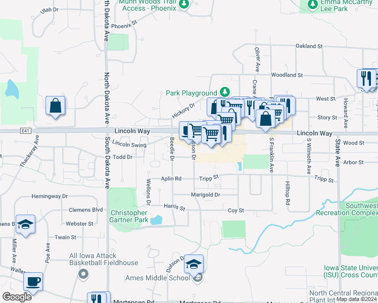 map of restaurants, bars, coffee shops, grocery stores, and more near 4014 Baughman Road in Ames