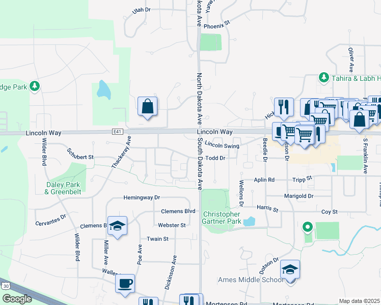 map of restaurants, bars, coffee shops, grocery stores, and more near 4510 Todd Drive in Ames