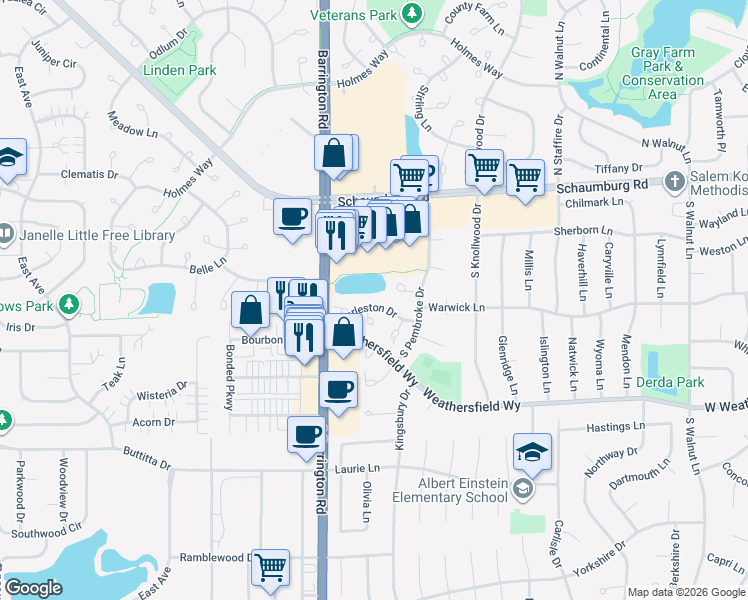 map of restaurants, bars, coffee shops, grocery stores, and more near 200 Columbia Court in Schaumburg