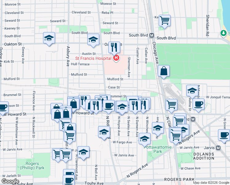map of restaurants, bars, coffee shops, grocery stores, and more near 817 Brummel Street in Evanston
