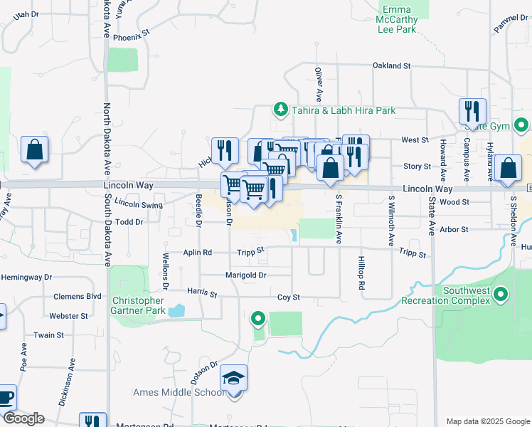 map of restaurants, bars, coffee shops, grocery stores, and more near 3709 Tripp Street in Ames