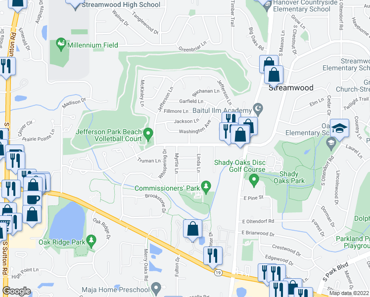 map of restaurants, bars, coffee shops, grocery stores, and more near 109 West Streamwood Boulevard in Streamwood