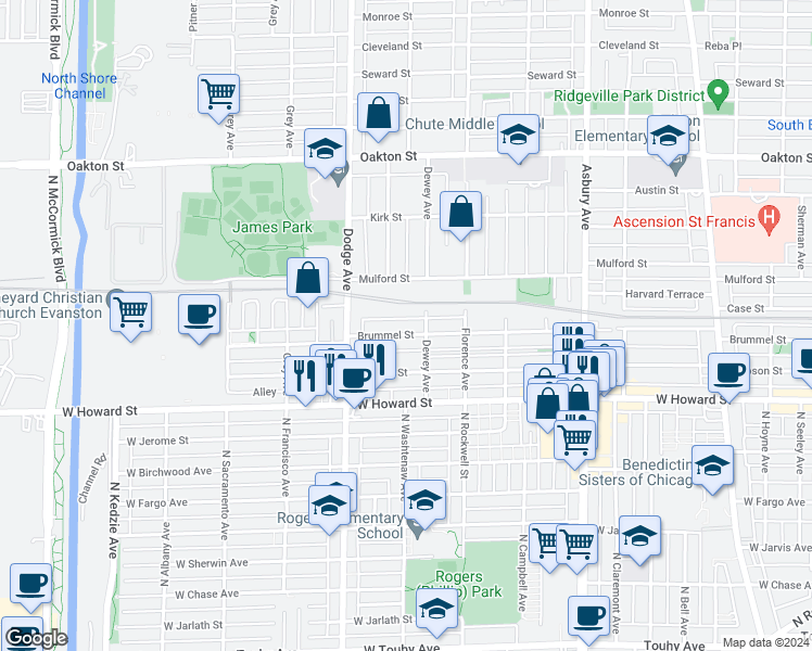 map of restaurants, bars, coffee shops, grocery stores, and more near 1720 Brummel Street in Evanston