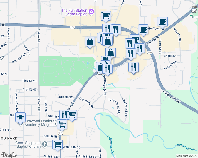 map of restaurants, bars, coffee shops, grocery stores, and more near 4311 1st Avenue Southeast in Cedar Rapids