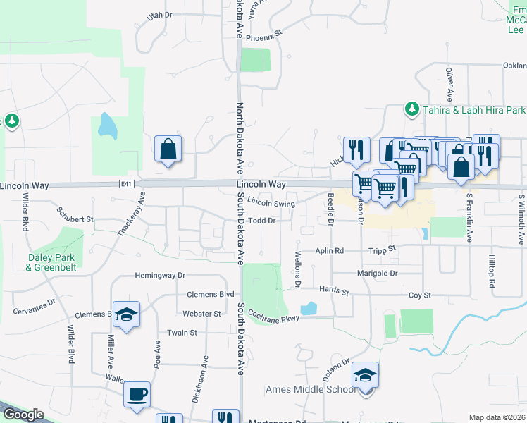 map of restaurants, bars, coffee shops, grocery stores, and more near 207 Todd Circle in Ames