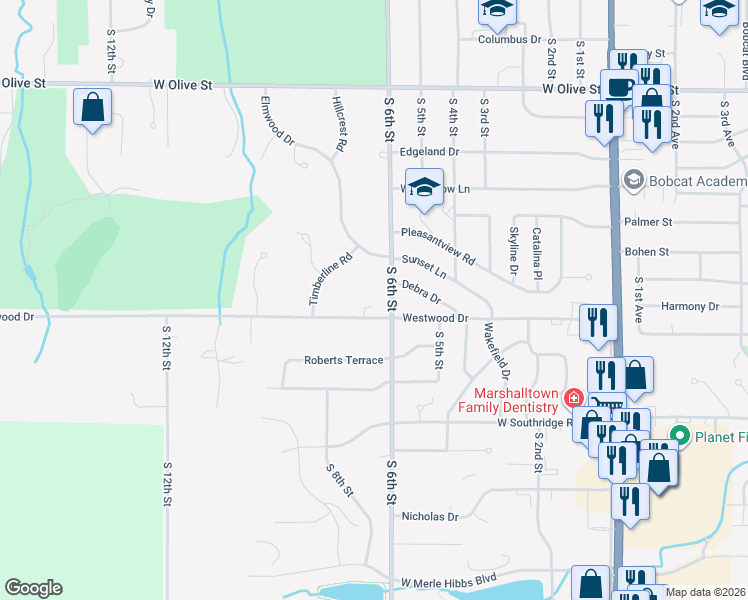 map of restaurants, bars, coffee shops, grocery stores, and more near 600-698 Westwood Drive in Marshalltown