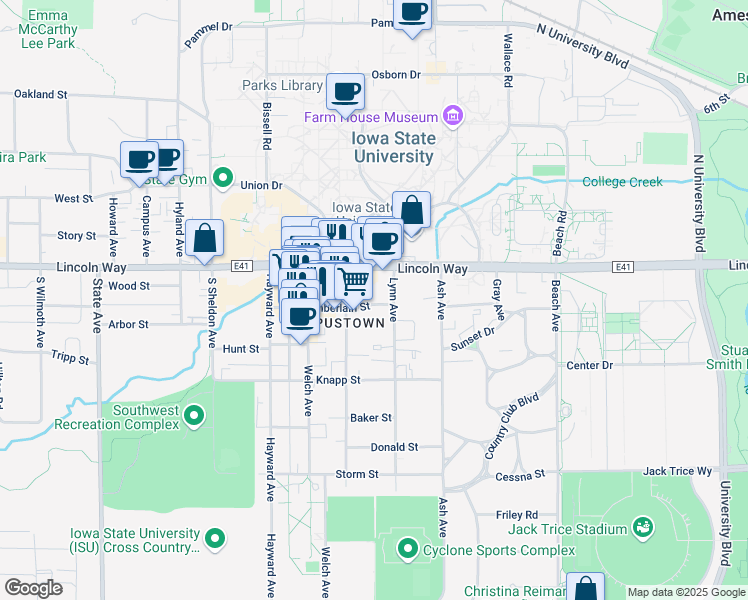 map of restaurants, bars, coffee shops, grocery stores, and more near 216 Stanton Avenue in Ames