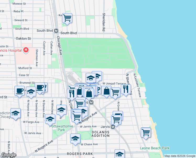 map of restaurants, bars, coffee shops, grocery stores, and more near 1997 West Jonquil Terrace in Chicago