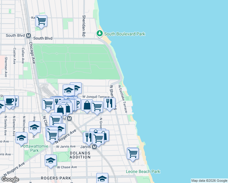 map of restaurants, bars, coffee shops, grocery stores, and more near 7657 North Sheridan Road in Chicago