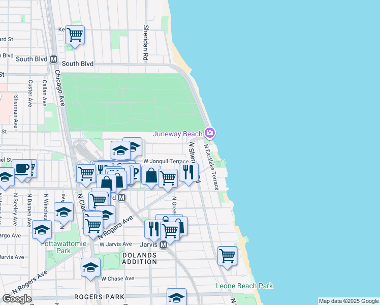 map of restaurants, bars, coffee shops, grocery stores, and more near 1421 West Jonquil Terrace in Chicago