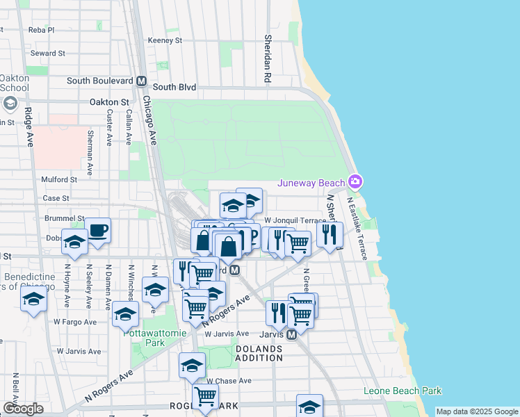 map of restaurants, bars, coffee shops, grocery stores, and more near 7655 North Ashland Avenue in Chicago