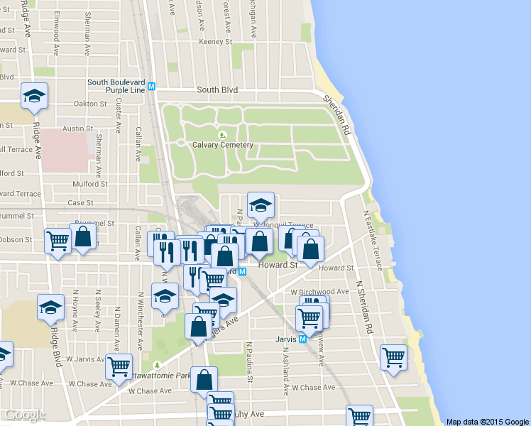 map of restaurants, bars, coffee shops, grocery stores, and more near 1997 West Jonquil Terrace in Chicago