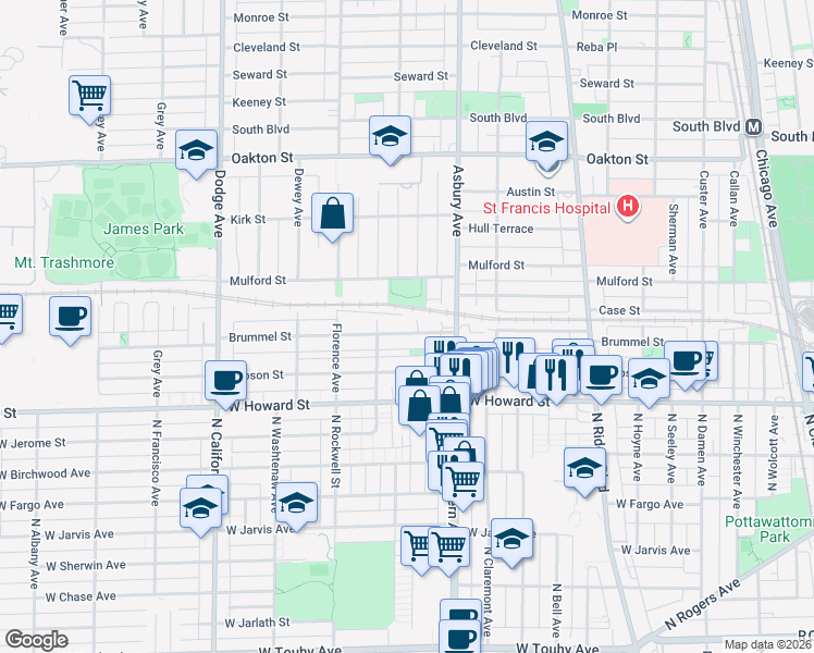 map of restaurants, bars, coffee shops, grocery stores, and more near 145 Ashland Avenue in Evanston