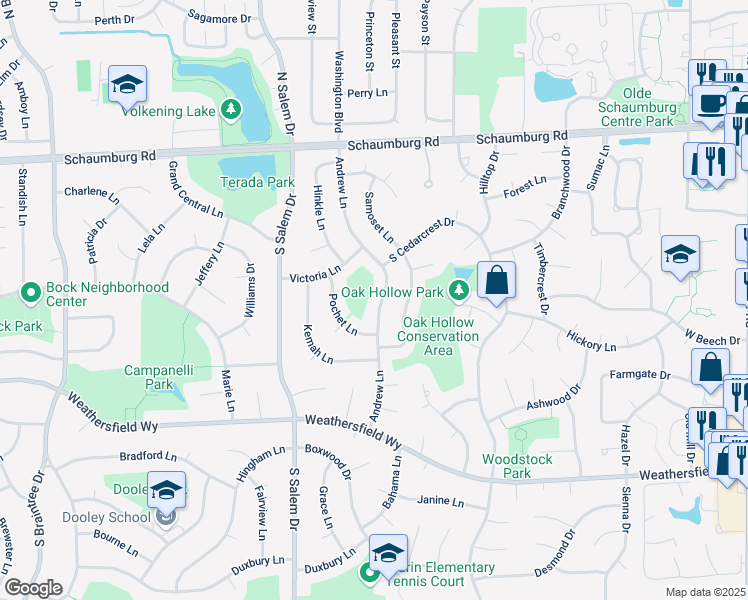 map of restaurants, bars, coffee shops, grocery stores, and more near 302 Andrew Lane in Schaumburg