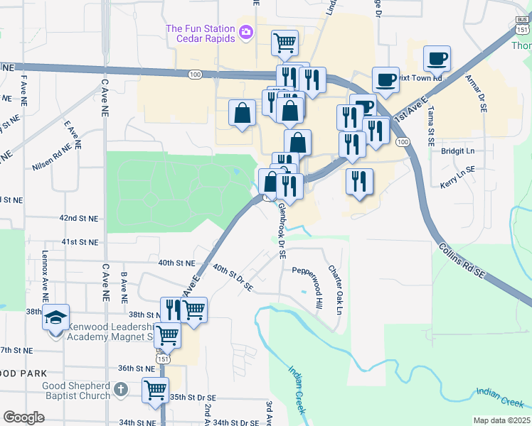 map of restaurants, bars, coffee shops, grocery stores, and more near 4311 1st Avenue Southeast in Cedar Rapids