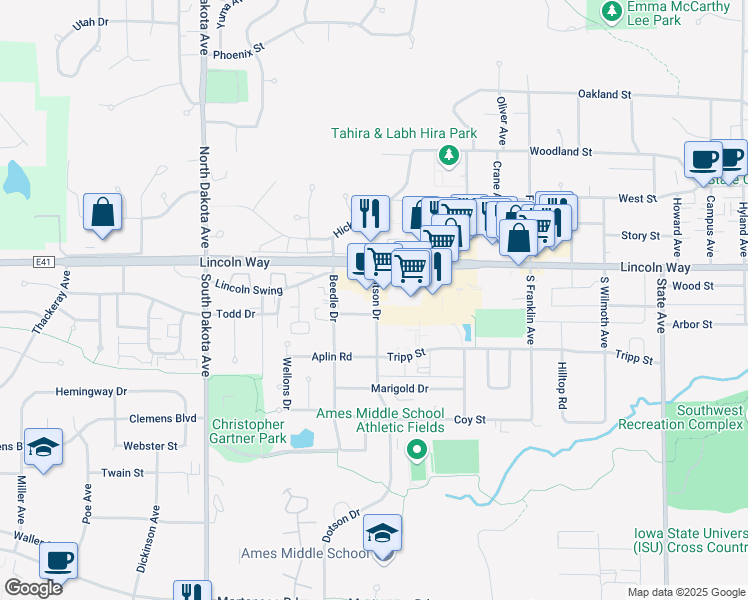 map of restaurants, bars, coffee shops, grocery stores, and more near 4014 Baughman Road in Ames