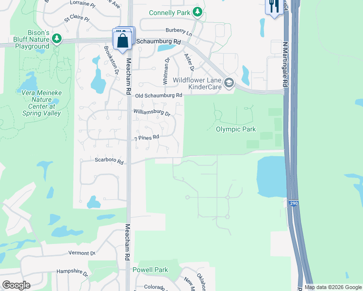 map of restaurants, bars, coffee shops, grocery stores, and more near 377 Sandalwood Lane in Schaumburg