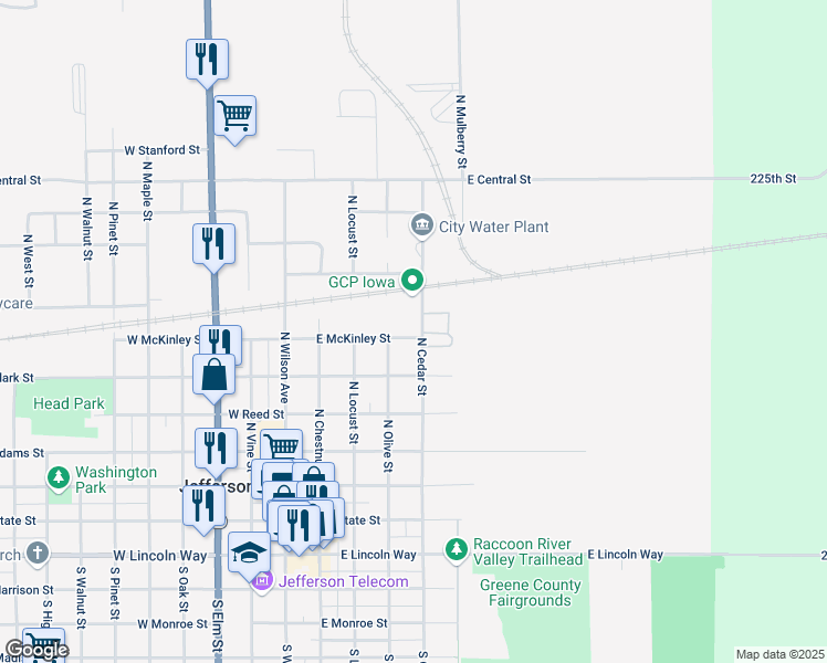 map of restaurants, bars, coffee shops, grocery stores, and more near 606 North Cedar Street in Jefferson