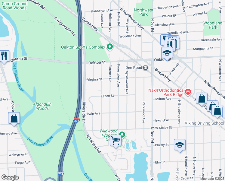 map of restaurants, bars, coffee shops, grocery stores, and more near 745 Florence Drive in Park Ridge