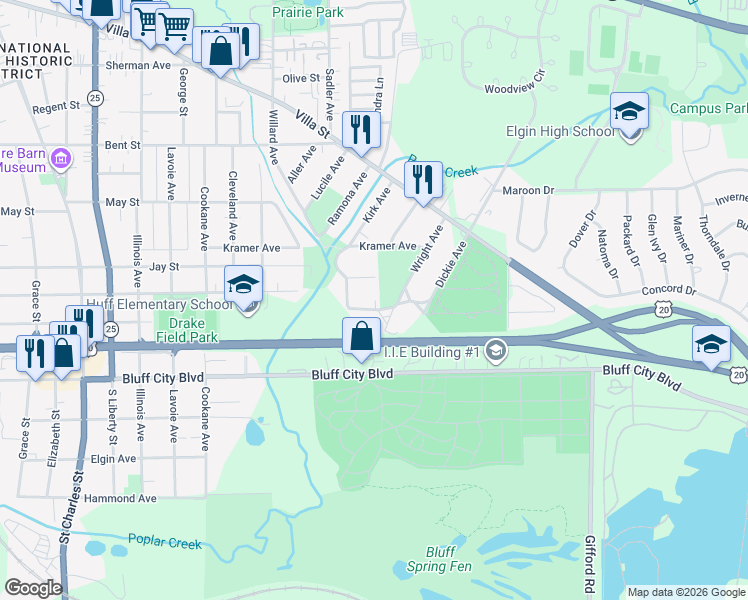 map of restaurants, bars, coffee shops, grocery stores, and more near 769 Wright Avenue in Elgin