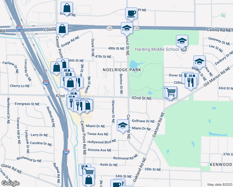 map of restaurants, bars, coffee shops, grocery stores, and more near 4208 Sherman Street Northeast in Cedar Rapids